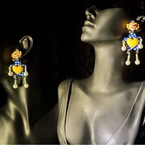 Playful Heart Drop Earrings in Blue and Yellow by